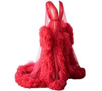 KURFACE Dressing Gown for Maternity Photoshoot Perspective Sheer Long Robe Puffy Tulle Robe Sheer for Women Red S