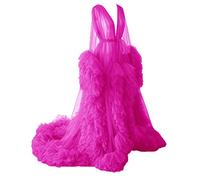 KURFACE Dressing Gown for Maternity Photoshoot Perspective Sheer Long Robe Puffy Tulle Robe Sheer Hot Pink UK6