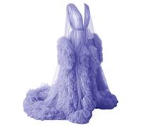 KURFACE Dressing Gown for Maternity Photoshoot Perspective Sheer Long Robe Puffy Tulle Robe Sheer Lavender UK8