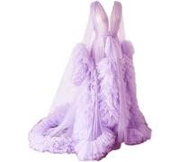 KURFACE Dressing Gown for Maternity Photoshoot Perspective Sheer Long Robe Puffy Tulle Robe Sheer Lilac UK10
