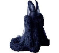 KURFACE Dressing Gown for Maternity Photoshoot Perspective Sheer Long Robe Puffy Tulle Robe Sheer Navy Blue UK10