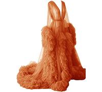 KURFACE Dressing Gown for Maternity Photoshoot Perspective Sheer Long Robe Puffy Tulle Robe Sheer Orange UK6