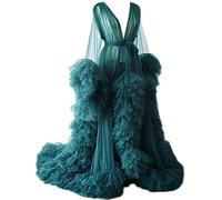 KURFACE Dressing Gown for Maternity Photoshoot Perspective Sheer Long Robe Puffy Tulle Robe Sheer Teal UK6