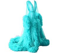 KURFACE Dressing Gown for Maternity Photoshoot Perspective Sheer Long Robe Puffy Tulle Robe Sheer Turquoise UK10