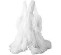 KURFACE Dressing Gown for Maternity Photoshoot Perspective Sheer Long Robe Puffy Tulle Robe Sheer White UK8