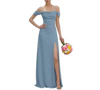 KURFACE Dusty Blue Bridesmaid Dresses for Women with Slit Chiffon Cold Shoulder Formal Evening Dress Plus Size Maid of Honor UK30