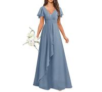 KURFACE Dusty Blue Bridesmaid Dresses with Sleeves for Women Plus Size Long Maid of Honor Formal Evening Dress UK30