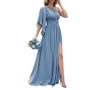 KURFACE Dusty Blue Bridesmaid Dresses with Sleeves Slit Plus Size Chiffon One Shoulder Formal Dress Corset Evening Gown UK28