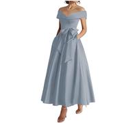 KURFACE Dusty Blue Mother of The Bride Dresses Tea Length for Wedding A Line Satin Prom Dress Elegant Formal Evening Gown UK16