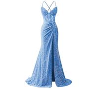 KURFACE Dusty Blue Prom Dresses for Women with Slit Sleeveless Spaghetti Strap Sequin Mermaid Formal Party Evening Dress UK6