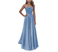 KURFACE Dusty Blue Prom Dresses with Slit for Women Long Spaghetti Strap Cowl Neck Satin Bridesmaid Dress UK18