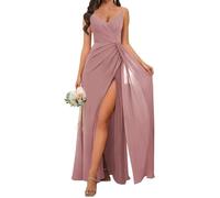 KURFACE Dusty Rose Bridesmaid Dress with Slit Spaghetti Strap Chiffon Wedding Guest Dresses for Women Formal Gown UK12