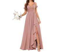 KURFACE Dusty Rose Bridesmaid Dresses Long for Women Ruched Pleated Chiffon Cold Shoulder Evening Formal Dress UK20