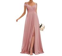 KURFACE Dusty Rose Cold Shoulder Bridesmaid Dresses for Women with Slit Chiffon A Line Formal Party Gown UK6