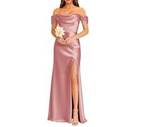 KURFACE Dusty Rose Satin Bridesmaid Dresses for Women with Slit Plus Size Off Shoulder Prom Dress Long Ball Gown UK30