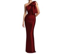 KURFACE Elegant Satin Formal Dresses for Women with Slit One Shoulder Bridesmaid Dress Burgundy Mother of Groom Gown UK28