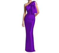 KURFACE Elegant Satin Formal Dresses for Women with Slit One Shoulder Bridesmaid Dress Purple Mother of Groom Gown UK14