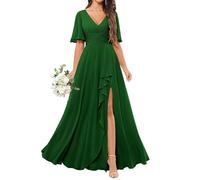 KURFACE Emerald Green Bridesmaid Dresses with Slit for Women Plus Size Flutter Sleeve V Neck Chiffon Formal Wedding Guest Dress UK30