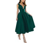 KURFACE Emerald Green Formal Evening Dresses for Wedding V Neck Elegant Satin Wedding Guest Tea Length Prom Dress 2024 UK22