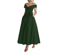 KURFACE Emerald Green Prom Dresses for Women Pleated Tea Length Mother of The Groom Dress with Pockets Satin Formal Party Gown UK12