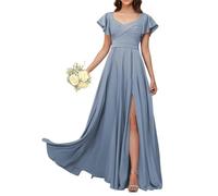 KURFACE Flutter Sleeve Bridesmaid Dresses for Women with Slit Plus Size Dusty Blue Formal Dress Wedding Guest Gown UK28
