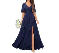 KURFACE Flutter Sleeve Bridesmaid Dresses with Slit for Women Ruched Chiffon Navy Blue Formal Dress Wedding Guest Gown UK12