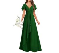 KURFACE Flutter Sleeve V Neck Bridesmaid Dresses for Women Ruched Chiffon Formal Dress Wedding Guest Gown Emerald Green UK24