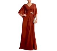 KURFACE Flutter Sleeve V Neck Chiffon Mother of The Bride Dresses Burnt Orange Wedding Guest Dress Long Formal Party Gown UK8