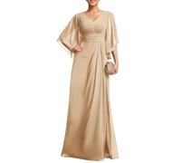 KURFACE Flutter Sleeve V Neck Chiffon Mother of The Bride Dresses Champagne Wedding Guest Dress Long Formal Party Gown UK16