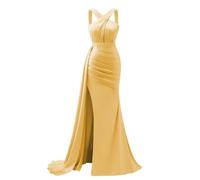 KURFACE Gold Prom Dresses with Slit for Teens Criss-Cross Mermaid Satin Ball Gown Floor Length Formal Evening Dress UK28