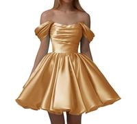 KURFACE Gold Satin Homecoming Dresses for Women Pleated Off Shoulder Plus Size Formal Party Dress UK22