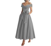 KURFACE Gray Prom Dresses for Women Pleated Tea Length Mother of The Groom Dress with Pockets Satin Formal Party Gown UK12