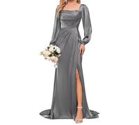 KURFACE Grey Prom Dresses for Women with Slit Satin Formal Party Gown A Line Long Sleeve Bridesmaid Dress UK10