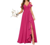 KURFACE Hot Pink Bridesmaid Dresses Long for Women Ruched Pleated Chiffon Cold Shoulder Evening Formal Dress UK12