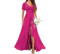 KURFACE Hot Pink Bridesmaid Dresses with Slit Ruched Pleated A Line V Neck Chiffon Maid of Honor Long Formal Dress UK18