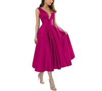 KURFACE Hot Pink Formal Evening Dresses for Wedding V Neck Elegant Satin Wedding Guest Tea Length Prom Dress 2024 UK12