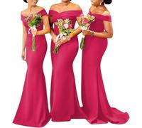 KURFACE Hot Pink Satin Bridesmaid Dresses for Wedding Party Off Shoulder Mermaid Formal Evening Dress Long UK8