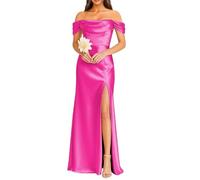 KURFACE Hot Pink Satin Bridesmaid Dresses for Women with Slit Plus Size Off Shoulder Prom Dress Long Ball Gown UK30