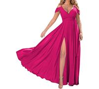 KURFACE Kleid für die Hochzeitsbrautjungfer, schulterfrei, mit tiefem V-Ausschnitt, formelles Abendkleid mit Schlitz für Frauen Rose Red UK16