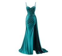KURFACE Lace Applique Prom Dresses for Teens Spaghetti Strap V Neck Mermaid Satin Formal Evening Party Gown Teal UK8
