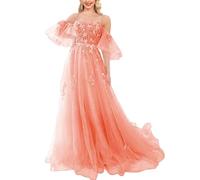KURFACE Lace Appliques Formal Prom Dresses Tulle Ball Gown Ruffle Spaghetti Straps Evening Party Dress WSX463 Coral UK16