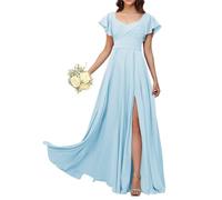 KURFACE Light Blue Bridesmaid Dresses for Women with Slit Sleeves Plus Size Chiffon Wedding Guest Dress Formal Gown UK30