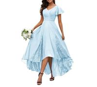 KURFACE Light Blue Bridesmaid Dresses Long Lace Appliques Ruffle Sleeves Chiffon Tea Length Formal Gown UK16