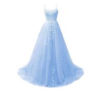 KURFACE Light Blue Tulle Prom Dresses for Teens with Lace Applique A Line Ball Gown Plus Size Sleeveless Formal Evening Dress UK22