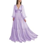 KURFACE Lilac Bridesmaid Dresses for Women with Sleeves Chiffon Long Puff Sleeve Prom Dress Corset Formal Gown UK28