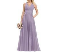 KURFACE Lilac Bridesmaid Dresses Long Pleated A Line V Neck Formal Evening Dress Floor Length Party Gown UK20