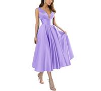 KURFACE Lilac Formal Evening Dresses for Wedding V Neck Elegant Satin Wedding Guest Tea Length Prom Dress 2024 UK12
