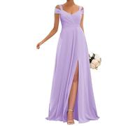 KURFACE Long Bridesmaid Dresses with Slit for Women Corset A Line Chiffon Formal Wedding Guest Dress Lilac UK10