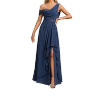 KURFACE Long Chiffon Mother of the Bride Dresses Ruched One Shoulder Formal Evening Dress with Applique Prom Gown UK16 Navy Blue