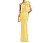 KURFACE Long Mother of The Bride Dresses Satin Yellow Bridesmaid Dresses for Women with Slit One Shoulder Formal Gown UK18